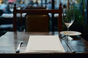 Blank menu waiting on customer at restaurant table photo