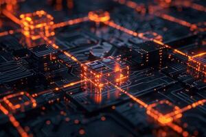 Complex cpu is processing data transmitting by illuminated lines photo
