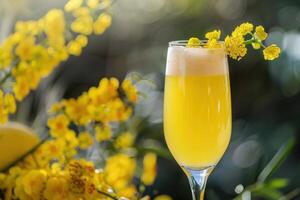 Refreshing yellow cocktail standing near orchids in bloom photo