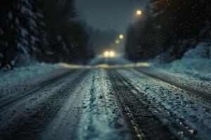 Snowy road at night with car approaching in the distance photo