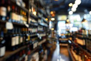Wine bottles waiting on shelves in liquor store photo