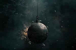 Wrecking ball swinging on chain creating explosions on impact photo