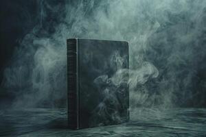 Ancient book with smoke emanating from pages on dark background photo
