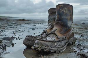 Pair of muddy boots left on beach after exploring photo