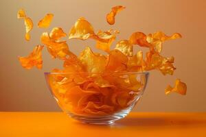 Bowl overflowing with crunchy potato chips falling on orange background photo