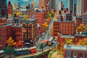 Miniature toy city with moving trains passing by colorful buildings photo