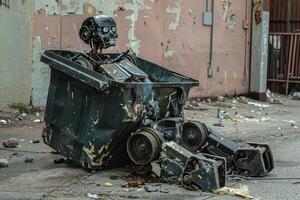 Broken futuristic robot is lying in a trash container photo