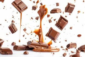 Chocolate bars and chocolate sauce splashing on white background photo