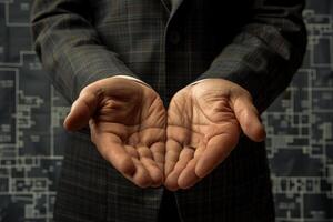 Architect holding his empty hands open showing concept of offering photo