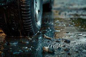 Car tire standing in a puddle during rain photo