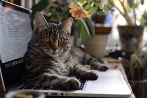 Curious tabby cat lying on keyboard working remotely from home photo