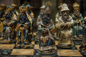 King chess piece standing on board with other pieces waiting photo