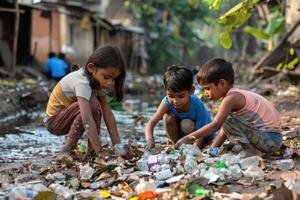 Three children searching for valuable objects in polluted river photo