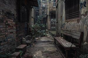 Old rusty bench inviting to sit down in deserted alley photo