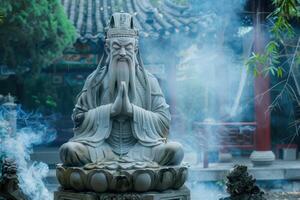 Ancient stone statue of chinese philosopher sitting in lotus position meditating photo