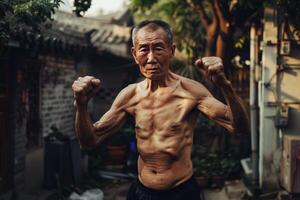 Senior chinese man showing muscles and practicing kung fu photo