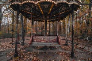 Abandoned carousel in autumn forest photo