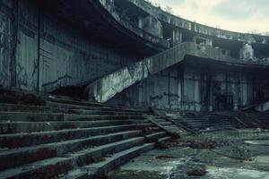 Sinister view of an abandoned stadium with overgrown steps and a gloomy atmosphere photo