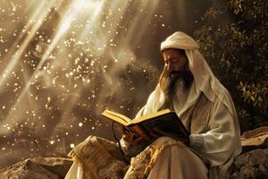 Man in traditional attire absorbed in a book with rays of light overlooking photo