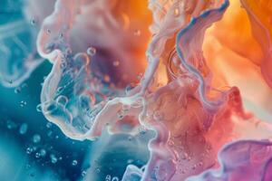 Macro shot of swirling colors and water droplets creating a dreamy abstract background photo