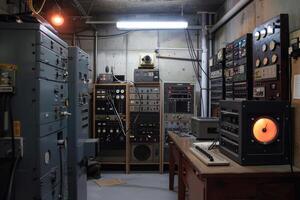 Old electronic lab filled with retro testing equipment and instruments photo
