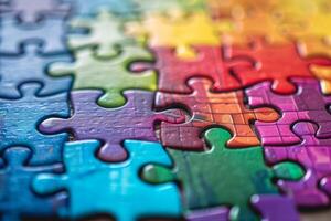 Macro shot of a vibrant jigsaw puzzle in the process of being solved photo