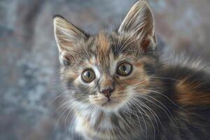 Charming closeup of a fluffy kitten with captivating eyes looking at the camera photo