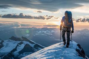 Adventurous mountaineer trekking at sunset photo