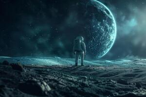 Astronaut contemplating cosmos on alien planet photo