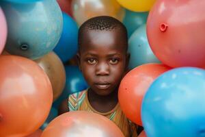 Portrait of a young child with a neutral expression surrounded by vibrant balloons photo