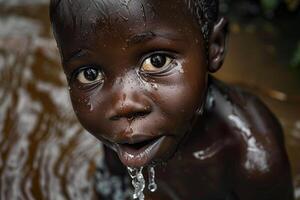 Captivating child with water droplets on face photo
