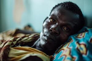 Closeup of an introspective man lying down indoors, with a focused gaze photo