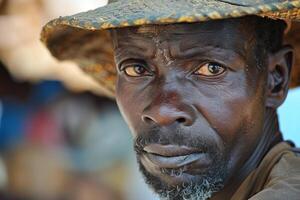 Intense gaze of an african man in a straw hat photo