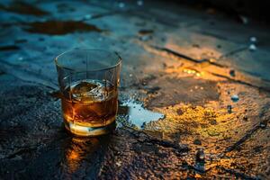 Golden hour whiskey on rustic surface photo