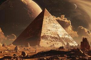 Alien landscape with ancient pyramid and planets photo