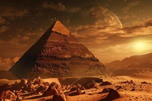Surreal desert pyramid under alien sky photo