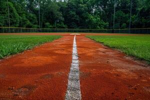 Low angle view of an empty baseball diamond from pitcher's mound towards home plate photo