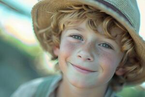 Smiling boy with freckles wearing a straw hat photo