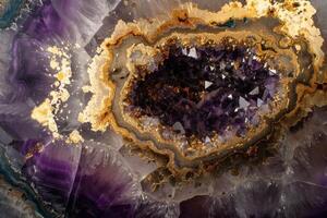 Stunning macro shot of a vibrant amethyst geode with intricate crystal formations photo