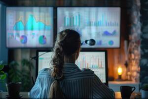 Analyzing financial data on multiple computer screens at night photo