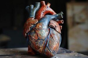 Artistic anatomical heart model in rustic colors on wooden surface photo