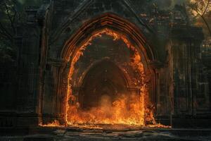 Ancient stone archway engulfed in flames in a mysterious forest setting photo