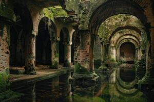 Enigmatic abandoned flooded building with overgrowth photo