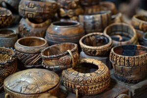 Assorted handmade wooden crafts on display photo
