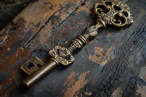 Antique bronze key on rustic wooden surface photo