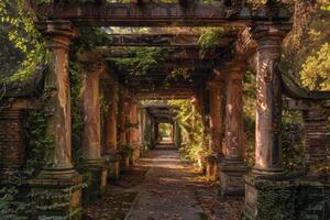 Enchanted forest pathway with ancient columns photo