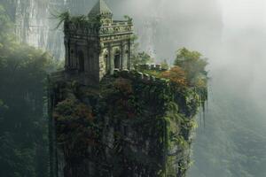 Mystical ancient temple on a misty cliff photo