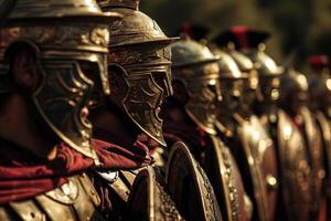 Ancient warriors in bronze helmets ready for battle photo