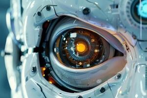 Detailed image of a futuristic robot's eye with intricate designs and glowing elements photo
