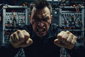 Angry man clenching fists with intense expression photo